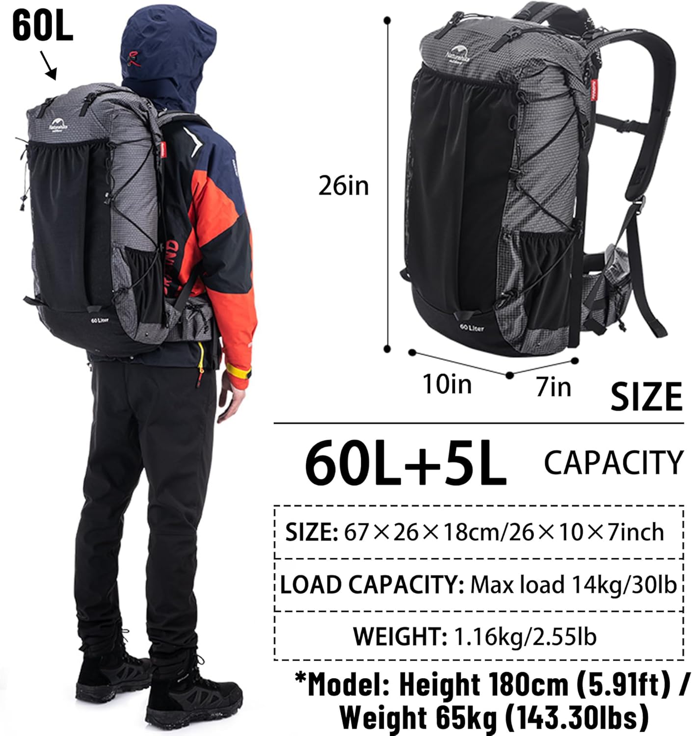 Naturehike Rock-40L/60L+5L Internal Frame Hiking backpacking backpack, Camping Waterproof Bag, Ultralight Outdoor Daypack with Rain Cover for Hiking, Backpacking,Camping Survival(60+5L)