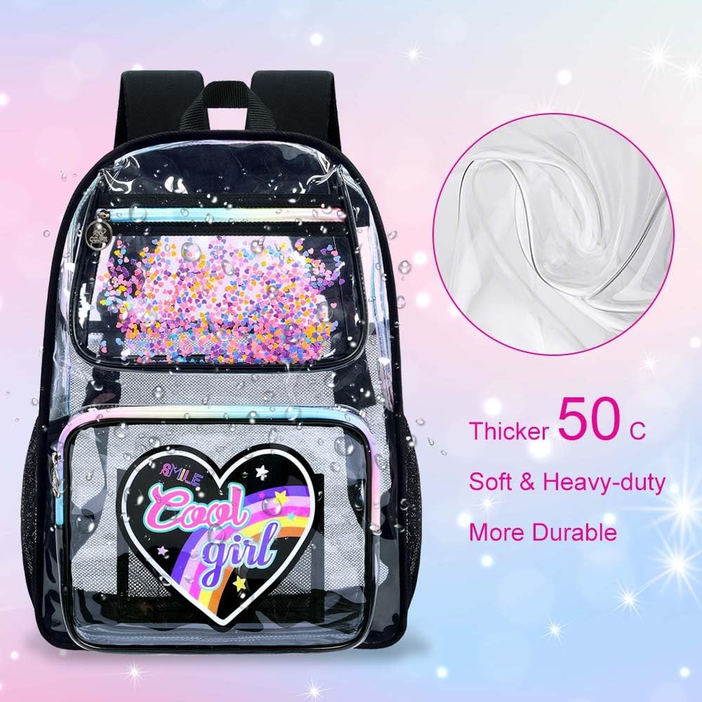 3PCS Girls Clear Backpack Heavy Duty, Cute Sequins See Through School Bag with Handbag, Womens Purple Transparent Bookbag