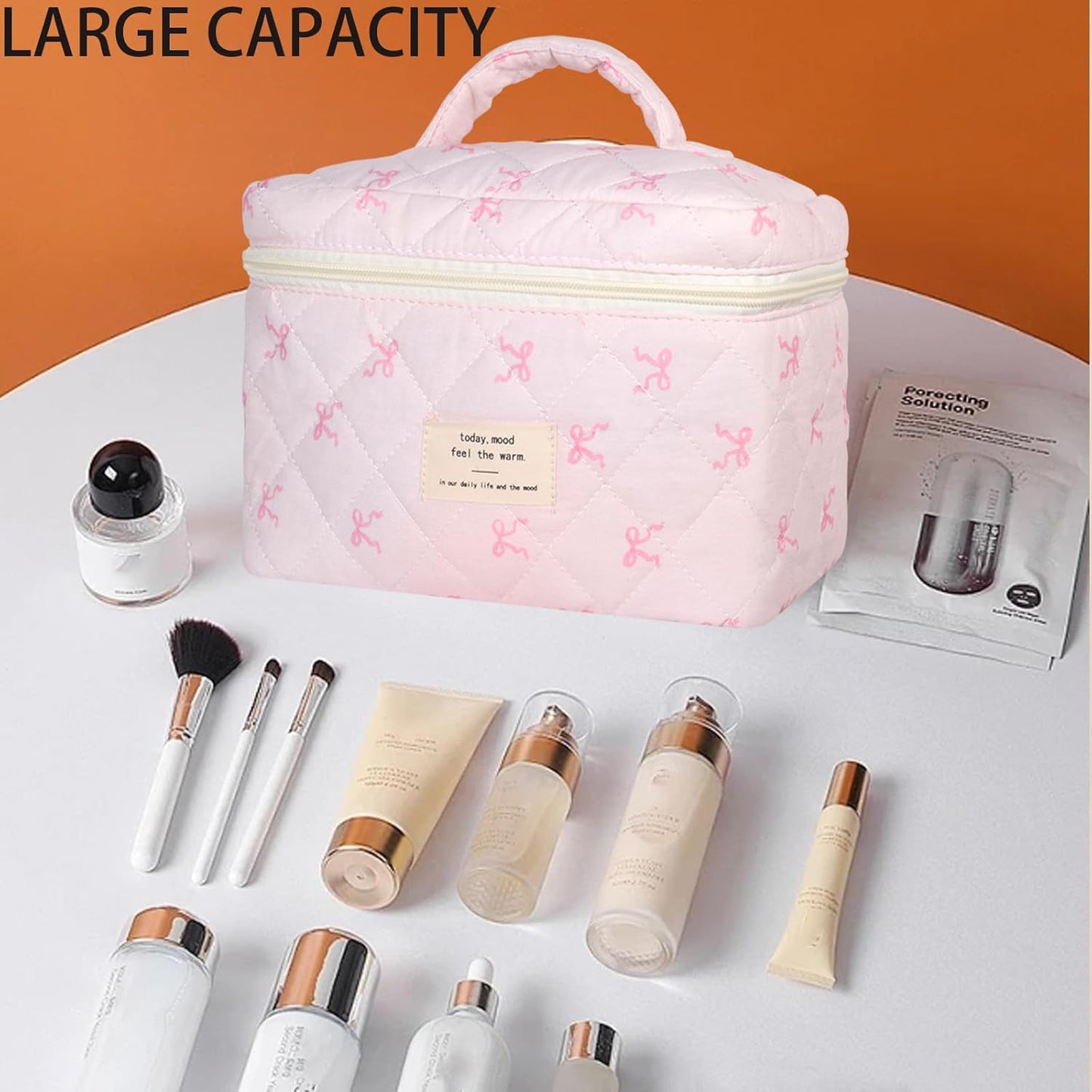 Quilted Makeup Bag, Large Makeup Bag, Cute Cosmetic Bag for Women Girls, Floral Coquette Aesthetic Travel Toiletry Make Up Organizer Bag-Light Pink