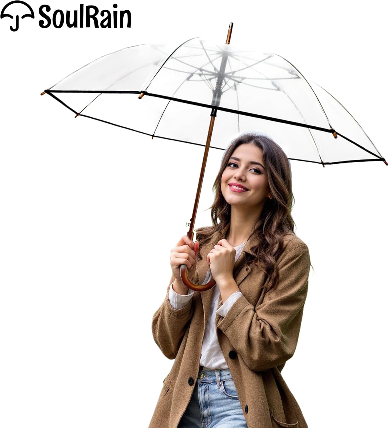 SoulRain 48" Clear Bubble Umbrella – Large Transparent Umbrella for Rain, Windproof & Automatic Open, Wedding Umbrellas for Women & Men, Vintage Stick Cane with Wooden Handle(Clear)