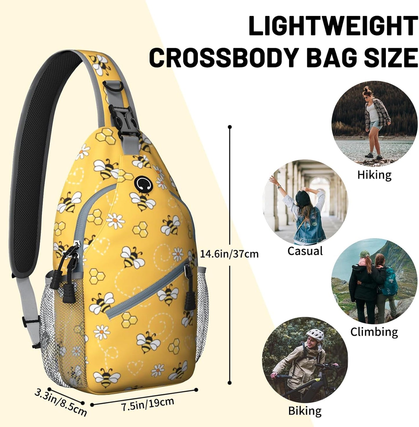 Yellow Bee Daisy Sling Bag Crossbody Chest Bag for Women Men, Water Resistant Lightweight Casual Crossbody Bag with Adjustable Strap, Travel Hiking Daypack Shoulder Backpack