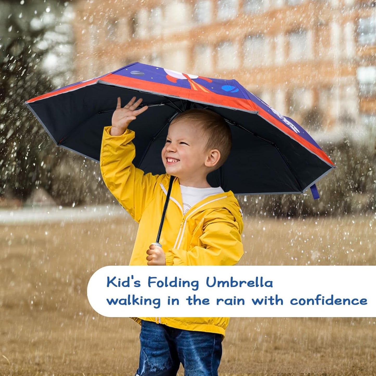 Kids Folding Umbrella Auto Open/Close Anti-rebound Safe Design UV Resistant Automatic Children Travel Umbrellas 8 Rib Reinforced Canopy 360° Reflective Strip Lightweight Cute Umbrella for Girls & Boys