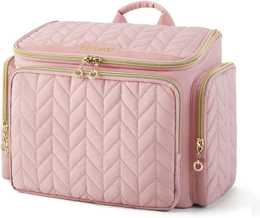 BAGSMART Travel Toiletry Bag, Large Wide-open Travel Bag for Toiletries, Makeup Cosmetic Travel Bag with Handle-Pink