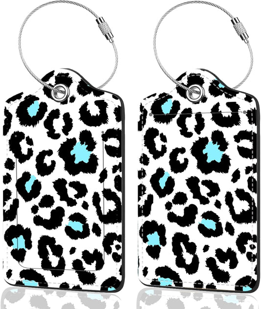 2Pack Luggage Tags for Suitcases, Cute Unique Pu Leather Cruise Luggage Tag with Privacy Cover ID Label Address Card and Metal Ring Suitable for Women Men Kids Travel Bag Black Leopard Print