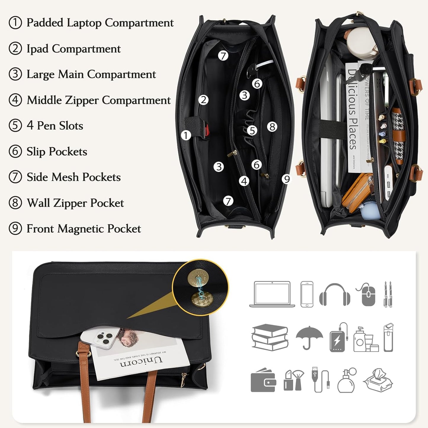 RAINSMORE Laptop Bag for Women 15.6 Inch Work Tote Bags Leather Laptop Tote Waterproof Computer Bag Professional Office Briefcase Large Handbag for College Teacher Travel,Black and Brown