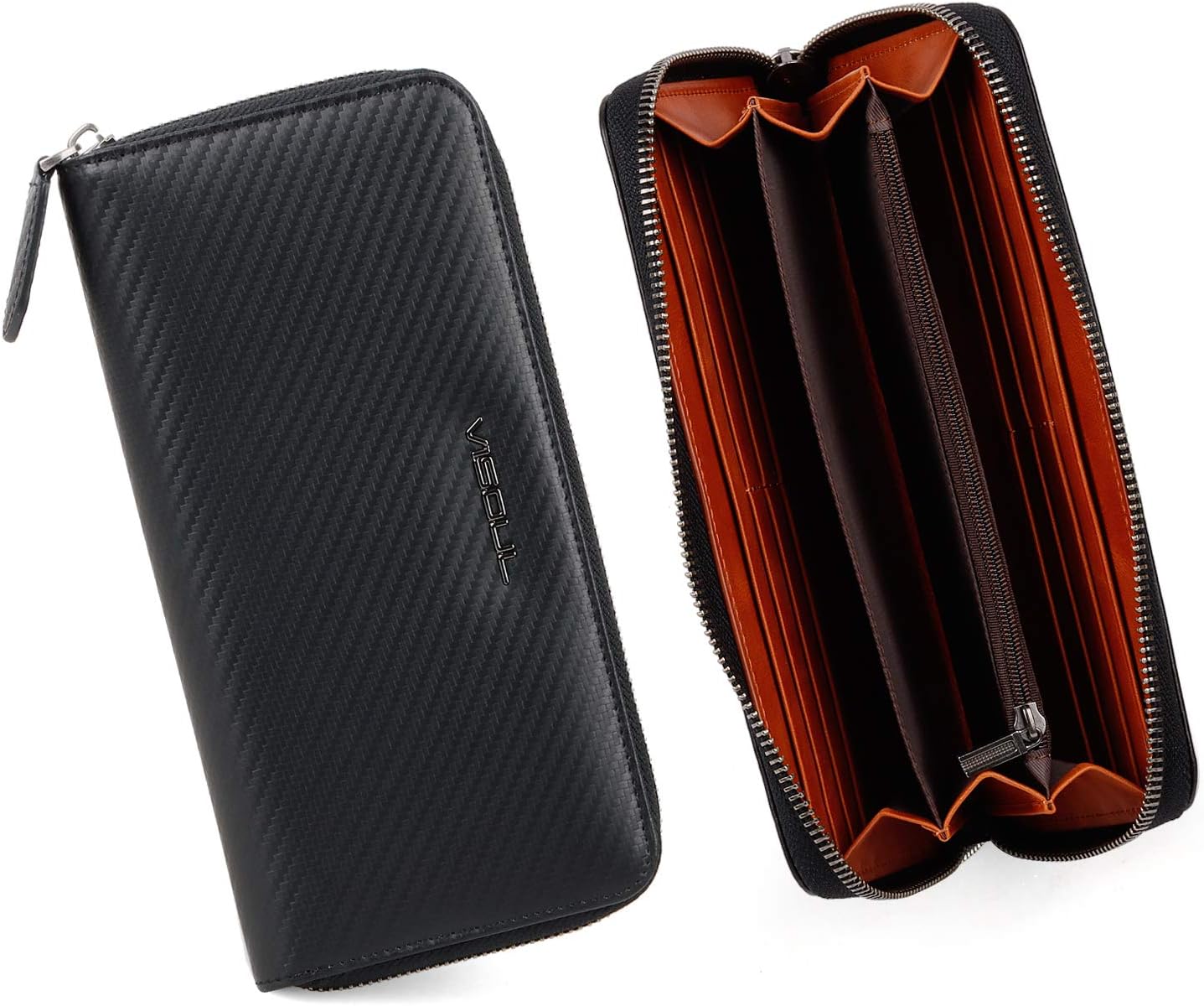 VISOUL Leather Long Zippered Pouch Wallet for Men with RFID Blocking Two-tone, Large Carbon Fiber Leather Clutch Cash Long Wallet with Zipper (Black+Orange)