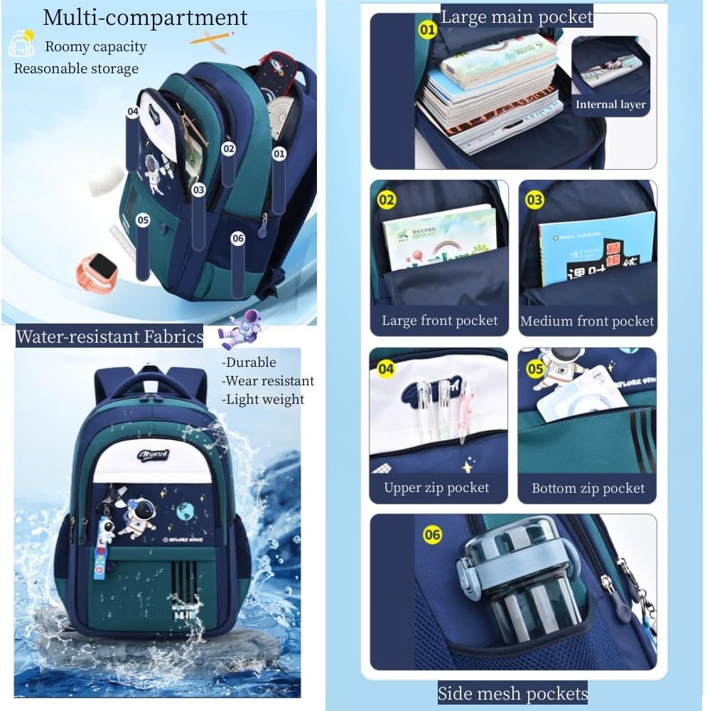 Astronaut-space Backpack for Boys-Girls Elementary Middle School Bookbag Backpack for Girls Kids Lightweight Back Pack Blue-green
