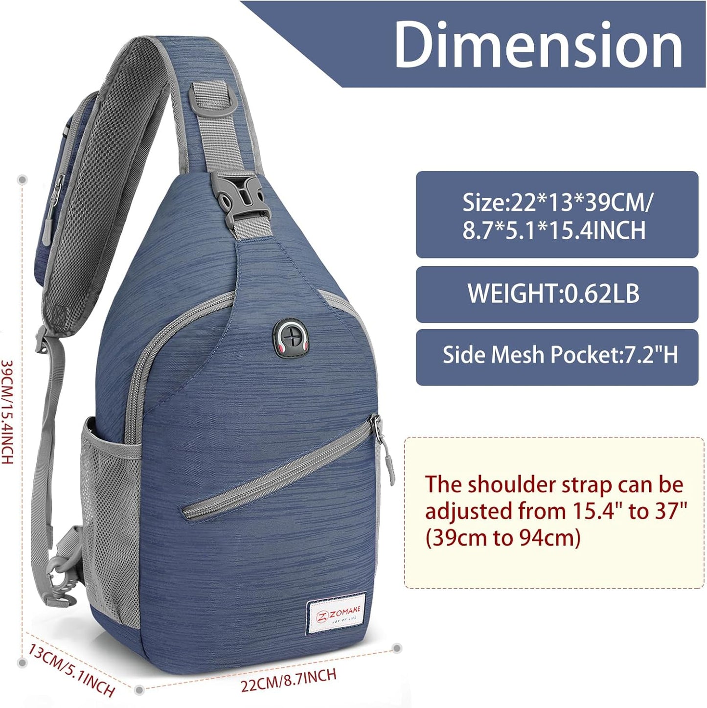 ZOMAKE Sling Bag,Small Crossbody Sling Backpack,Water Resistant Shoulder Daypack for Travel,Anti Thief Chest Bag for Hiking(Navy Blue(Stripe))