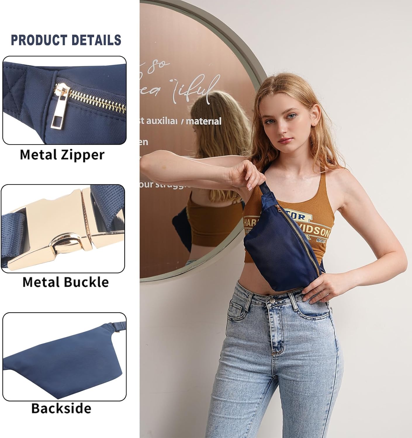 Fanny Packs for Women Fashion Waist Pack for Men Water-resistant Nylon Crossbody Sling Bags for Women Travel (Navy Blue)