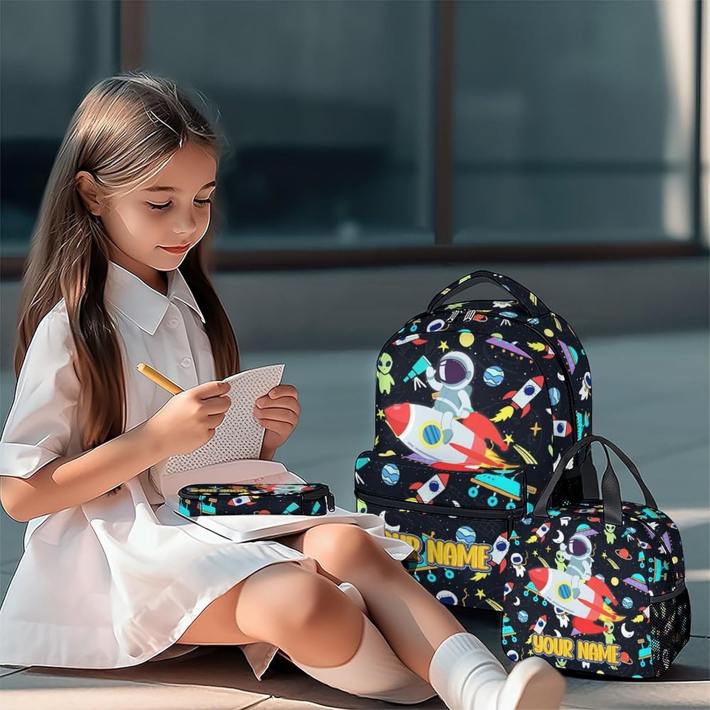 Backpack and Lunch Box Set for School - 17 Inch Custom Space Backpack Set for Kids - Personalized 3 in 1 Cool Bookbag for Primary Middle
