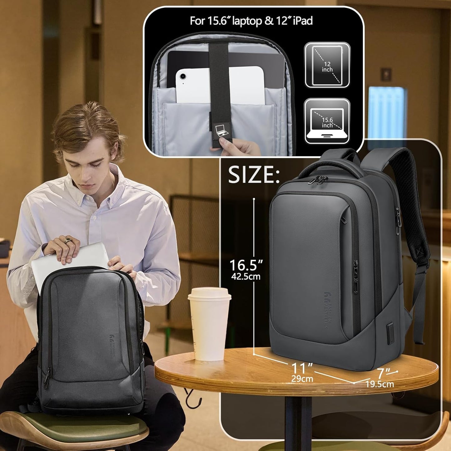 hk Laptop Backpack for Men with USB Charging Port Water-Resistant for 15.6 Inch Computer Bag