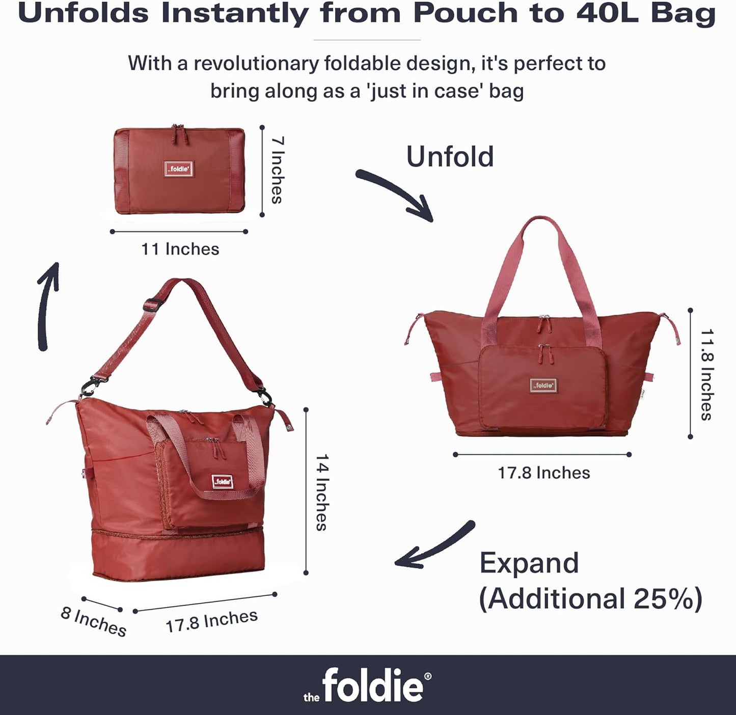 The Foldie Foldable Travel Bag for Women - 40L Weekender Bag with Multiple Pockets - Carry On Expendable Travel Bag