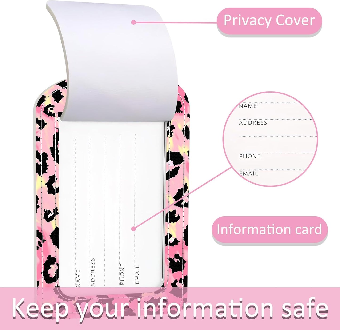 Luggage Tags for Suitcase,2 Pack Pink Leopard Print Luggage Tag,PU Leather Id Label Luggage Tags with Stainless Steel Loop and Privacy Cover for Women Men Teens Travel