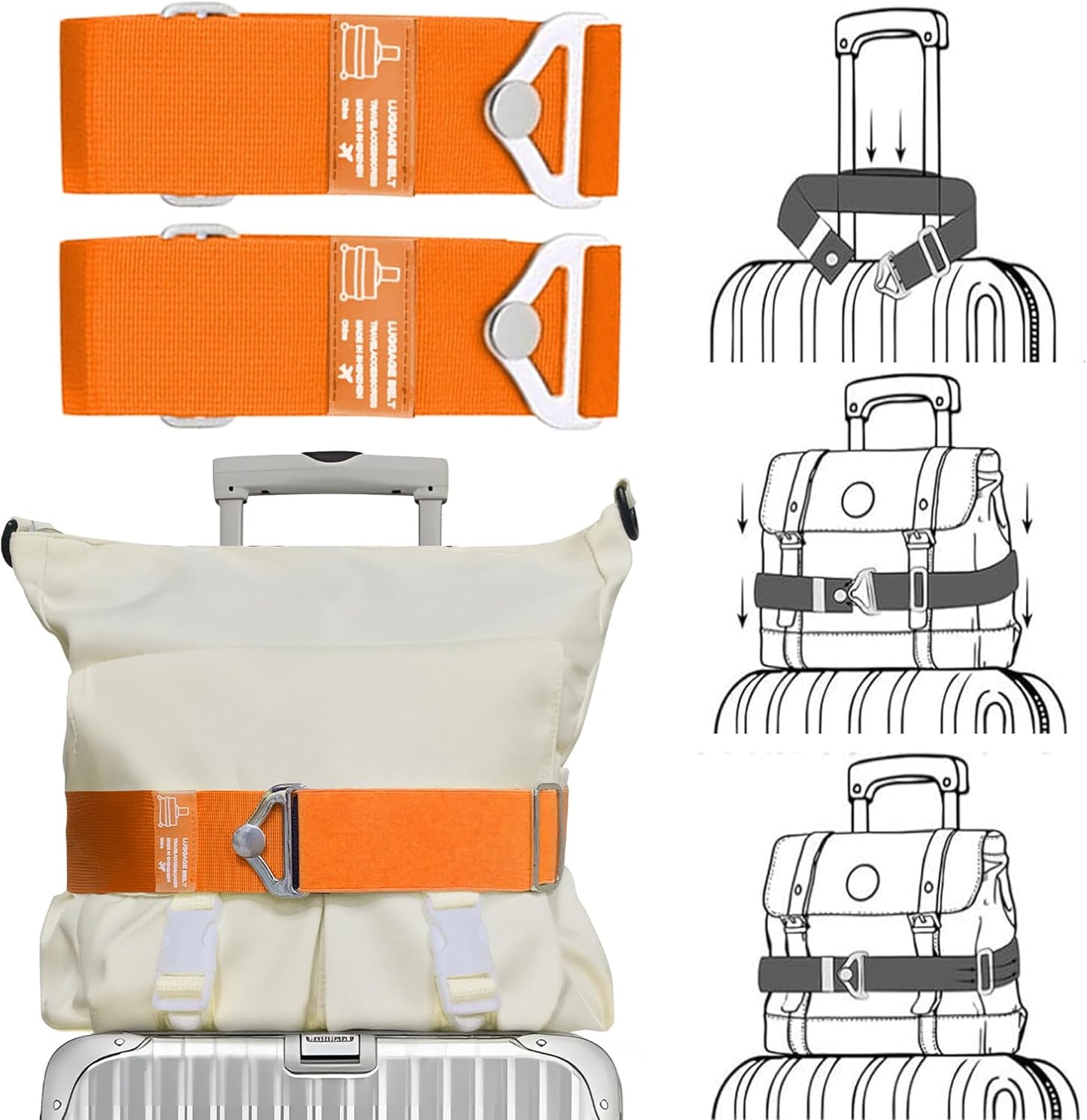 2-in-1 Travel Strap for Luggage Over Handle,Luggage Belt for Carry on Bag, Suitcase Belt, Add a Bag Bungees Luggage Straps Adjustable with Alloy Buckle, Hands-Free for Airport (Orange)