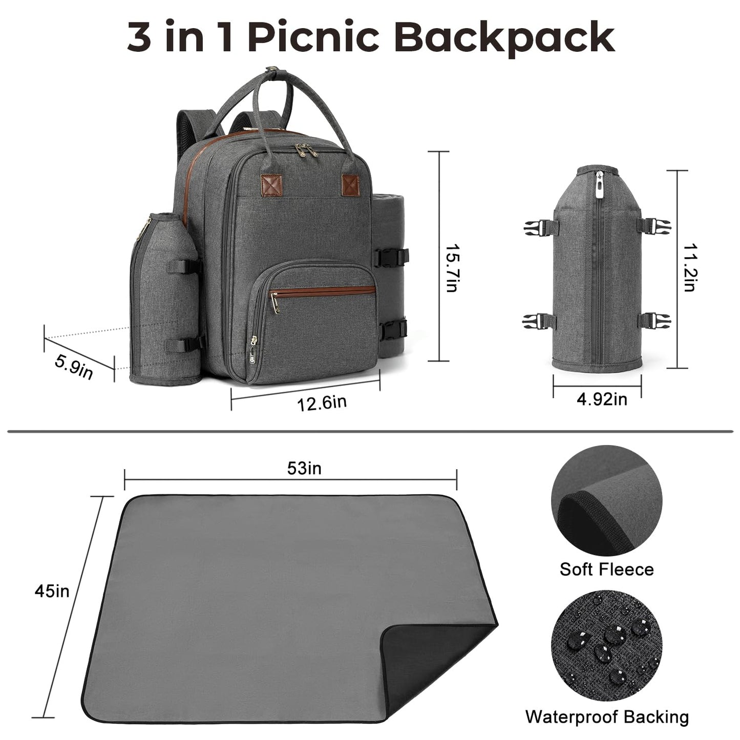 ALLCAMP Picnic Backpack, 2-Person Set with Blanket and Wine Holder, Gray