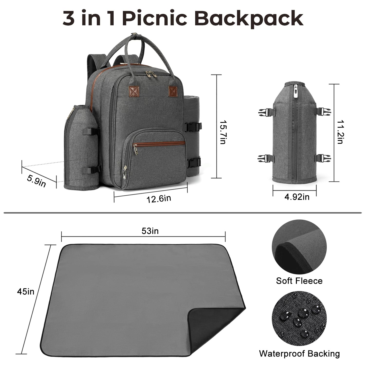 ALLCAMP Picnic Backpack, 2-Person Set with Blanket and Wine Holder, Gray