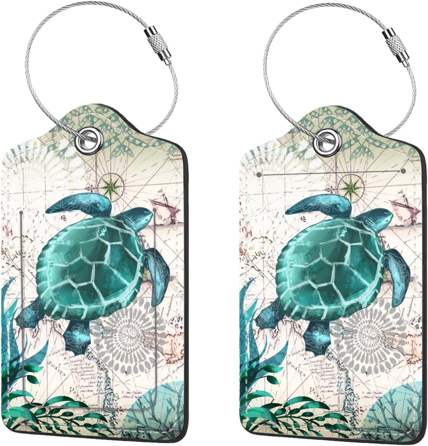 2 Pcs Luggage Tags for Suitcase, Cute Unique PU Leather Travel Bag Tag with Privacy Cover ID Label Address Card and Durable Metal Ring Suitable for Men Women Children Backpack, Turtles