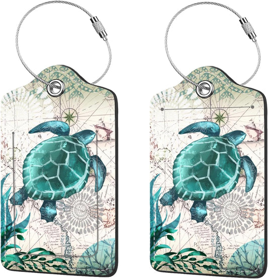 2 Pcs Luggage Tags for Suitcase, Cute Unique PU Leather Travel Bag Tag with Privacy Cover ID Label Address Card and Durable Metal Ring Suitable for Men Women Children Backpack, Turtles