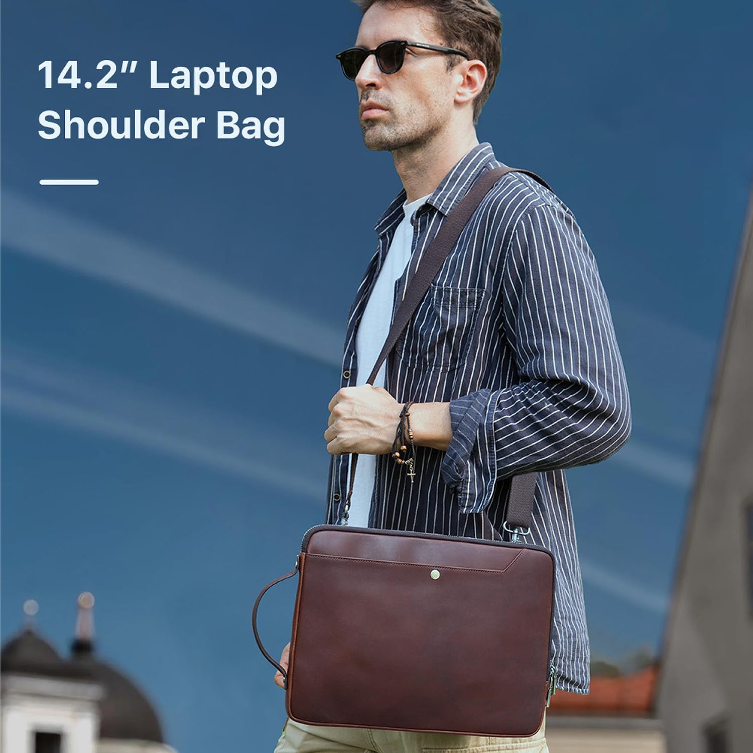 Top Grain Leather 14.2" Slim Laptop Bag Case, Handmade, Adjustable Strap & 2 Pockets, Compatible