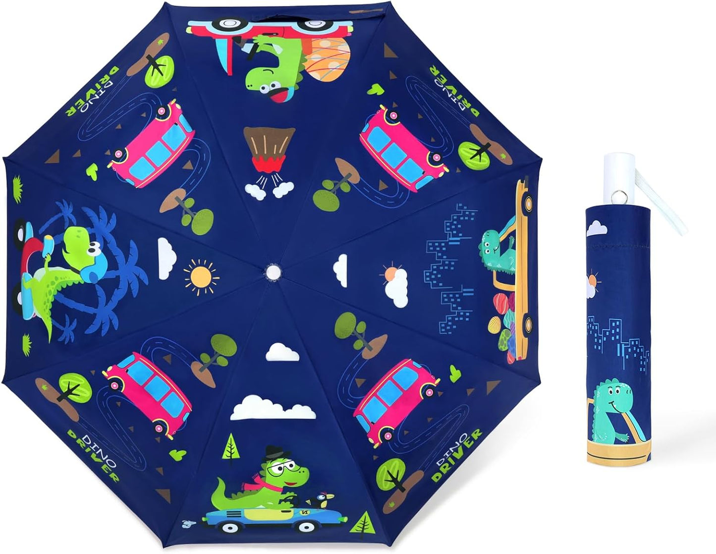 Kids Folding Umbrella Auto Open/Close Anti-rebound Safe Design UV Resistant Automatic Children Travel Umbrellas 8 Rib Reinforced Canopy 360° Reflective Strip Lightweight Cute Umbrella for Girls & Boys