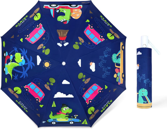 Kids Folding Umbrella Auto Open/Close Anti-rebound Safe Design UV Resistant Automatic Children Travel Umbrellas 8 Rib Reinforced Canopy 360° Reflective Strip Lightweight Cute Umbrella for Girls & Boys
