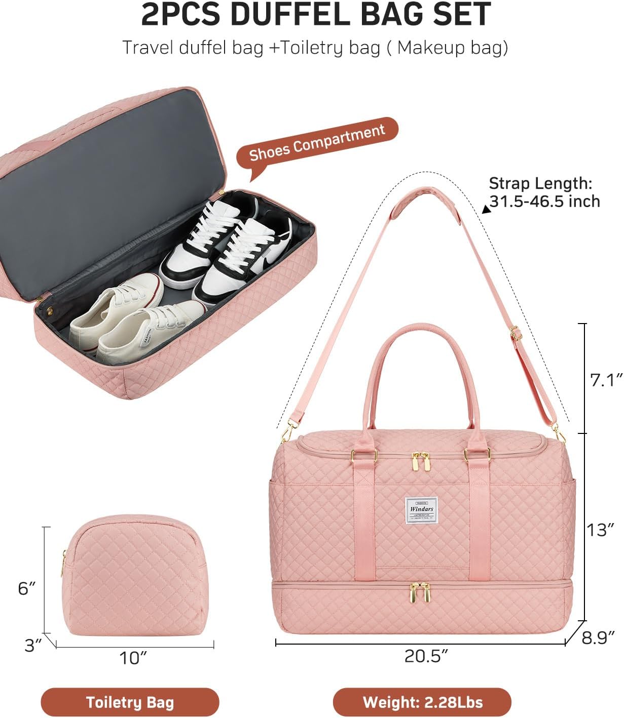 Travel Duffle Bag, Weekender Bags for Women with Shoe Compartment, Overnight Bag with Toiletry Bag, Carry On Duffel Bags For Airplanes, Yoga Gym Duffel Bag, Pink