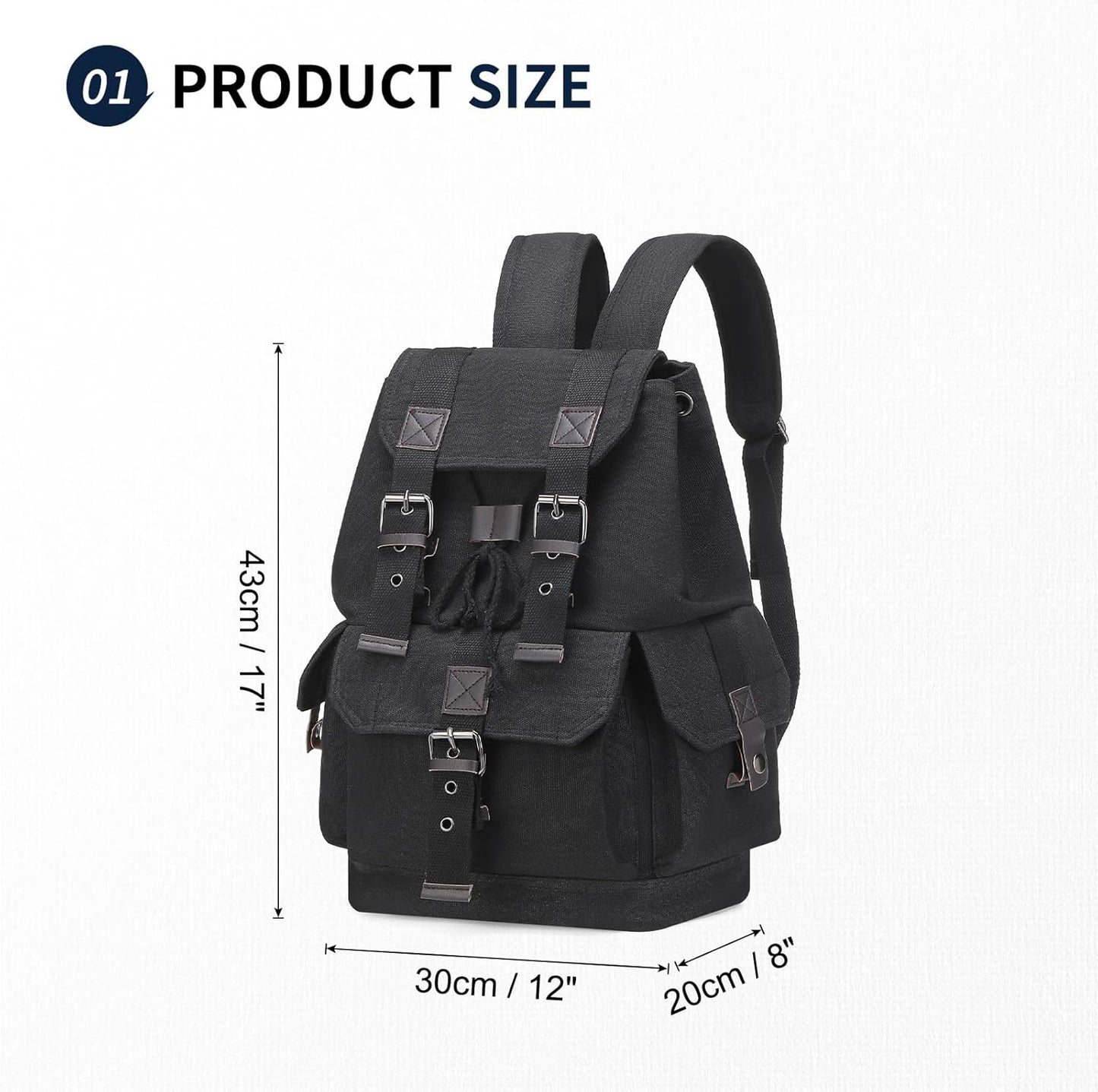 Vintage Canvas Backpack for Men Women, Durable Casual Daypack, Large Capacity Travel Rucksack Fits for Hiking and Daily Use (Black)