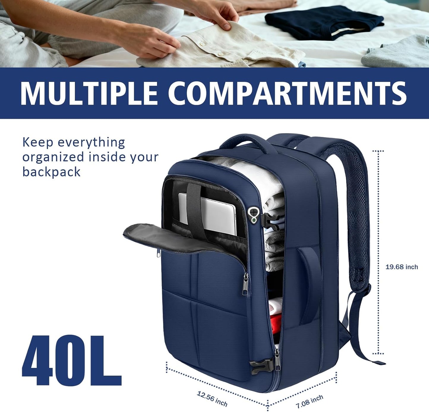 Travel Backpack, Extra Large 50L Flight Approved Carry on Backpack, Expandable Waterproof Business Suitcase Daypack Big Bag Fits 18.4 Inch Laptop, Blue