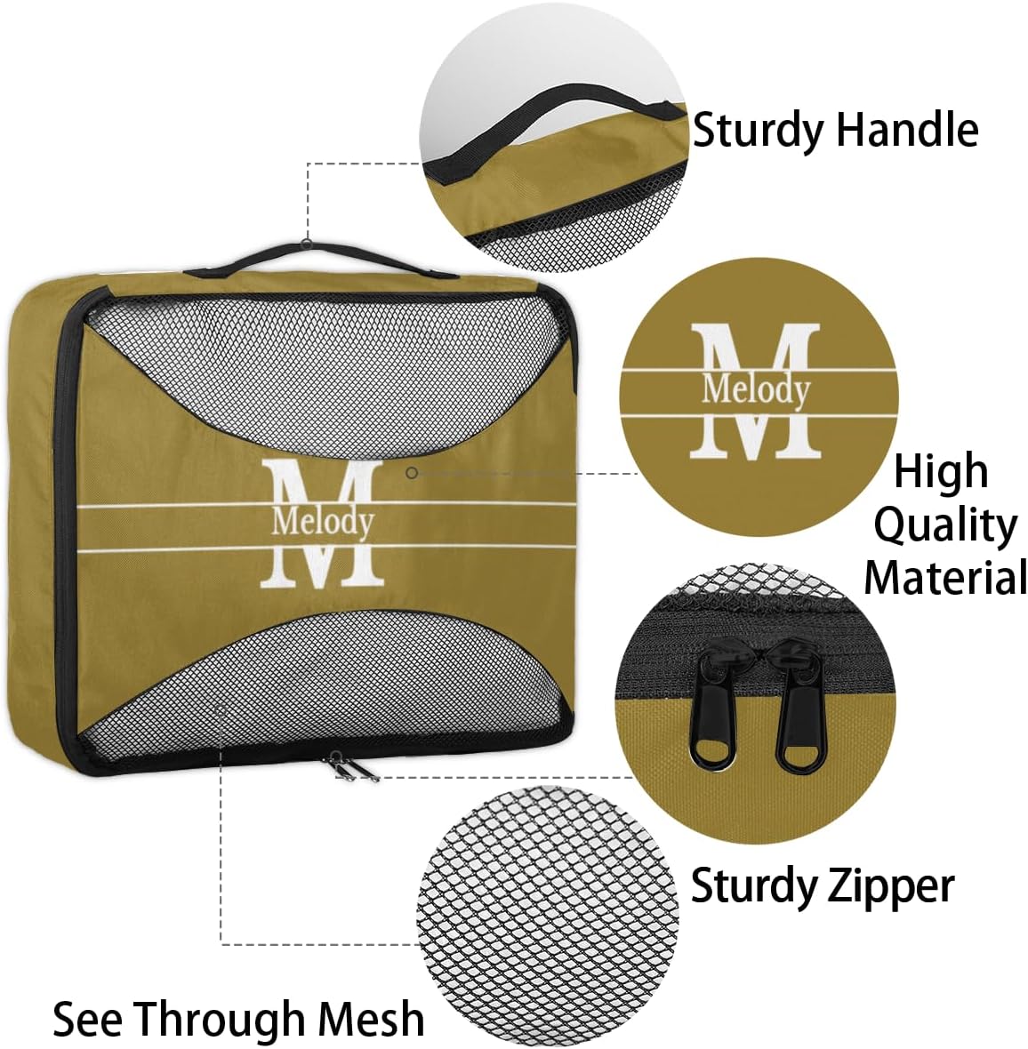 Personalized Compression Packing Cubes with Name, 4 Set Mesh Travel Organizer Bags for Carry on Women Men Boys, Luggage, Suitcase, Olive Green with Initial Letter