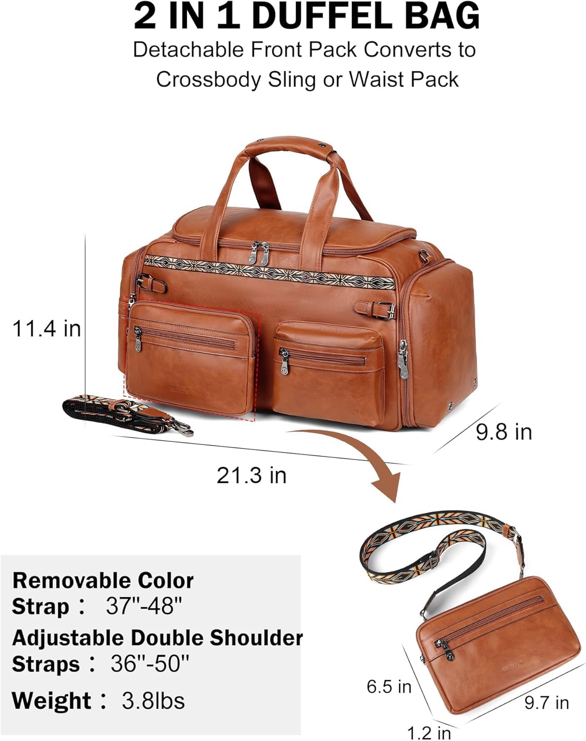 FADEON Duffle Bag for Women, Large Convertible Carry on Overnight Backpack, Designer Leather Mens