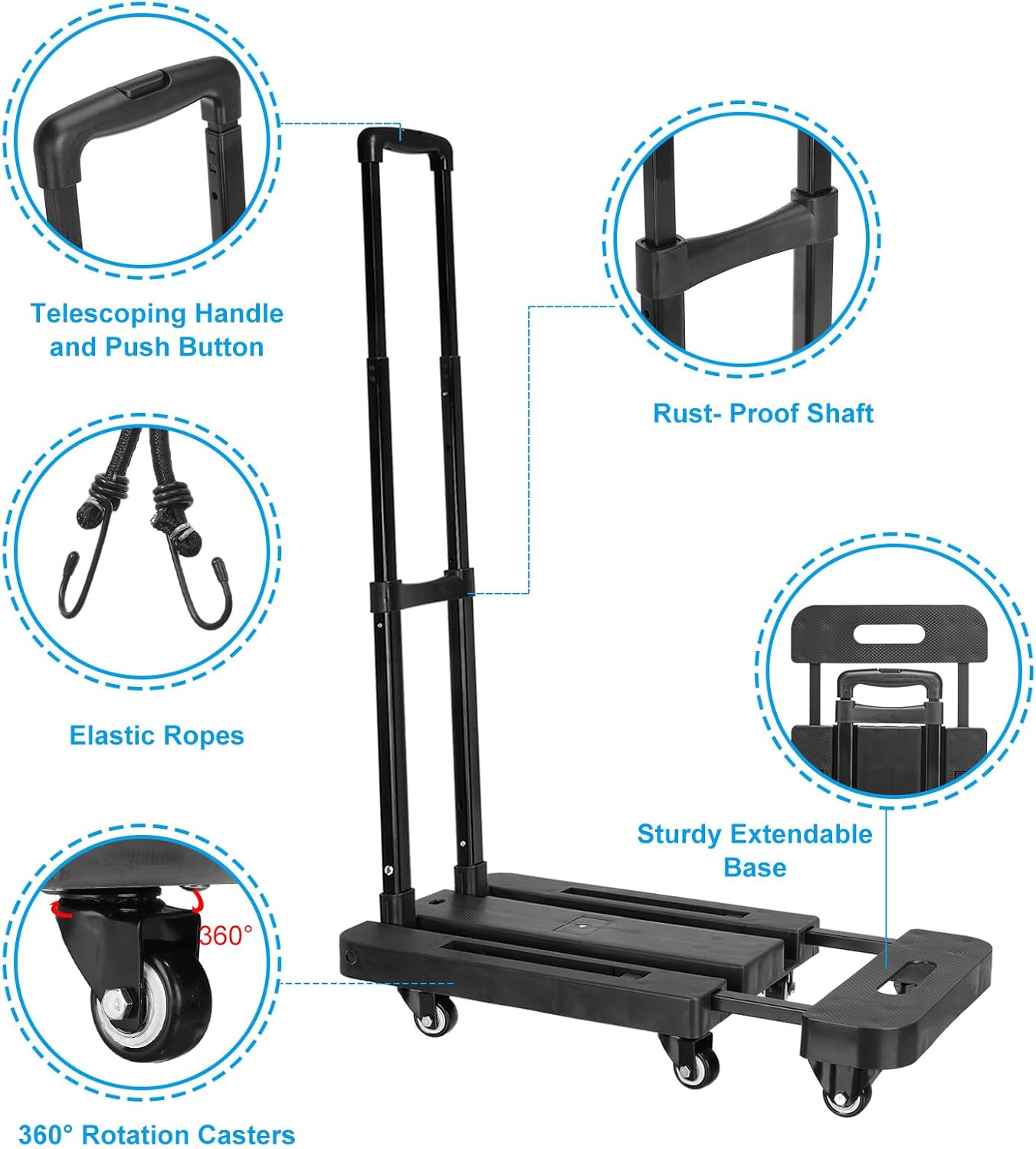 PATIKIL Folding Hand Truck, 440lb Heavy Luggage Cart Portable Duty Dolly for Moving PU Wheels & 2 Elastic Ropes Travel Shopping House Office Use, Black
