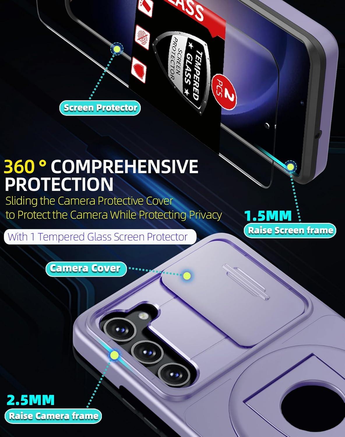 for Samsung Galaxy S23Plus Case Magnetic Compatible with MagSafe Wireless Charging,with Screen Protector,for S23+Plus Case with Stand Ring+Camera Cover Shockproof Heavy Duty Protection Purple