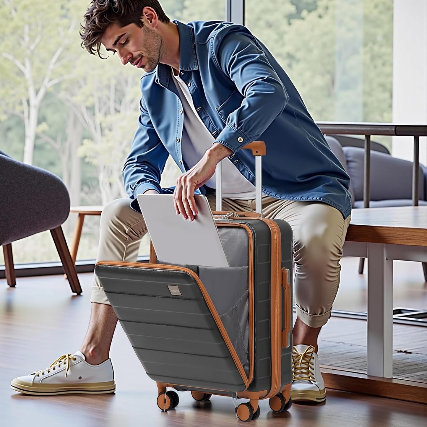 imiomo Carry on Luggage Airline Approved, Lightweight Hard Shell Carry-on Suitcase, 20 Inch Travel Luggage with Spinner Wheels and USB Port, Grey Brown