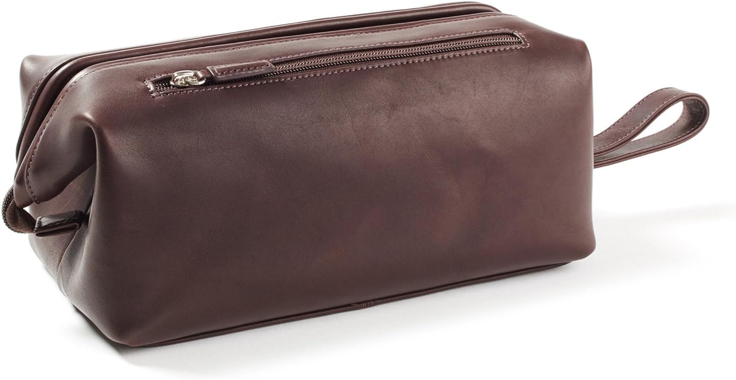 Leatherology Premium Mahogany Framed Toiletry Bag - Wide-mouth zippered opening, interior and