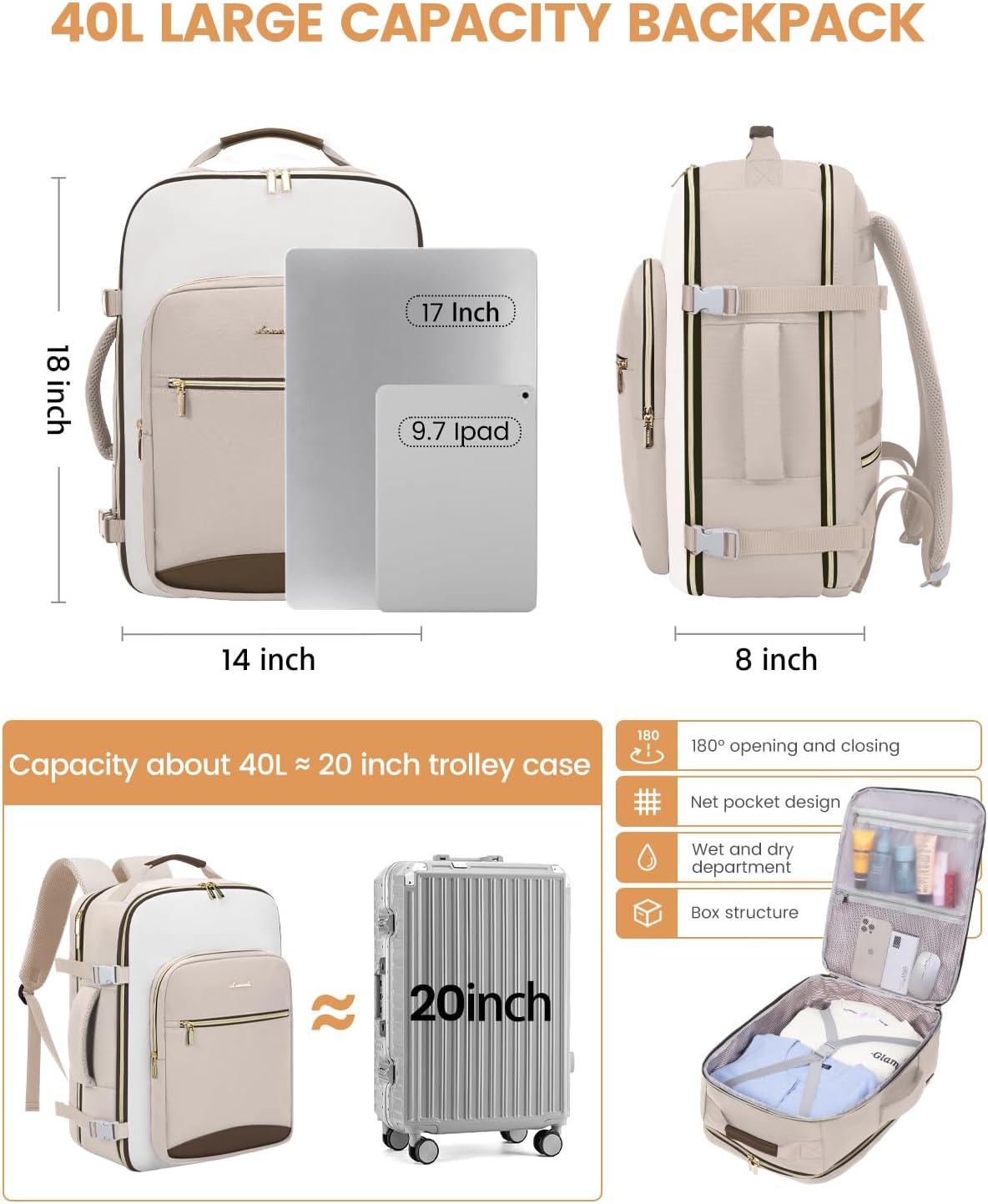 LOVEVOOK 40L Travel Backpack for Women & Men, Airline Approved Carry On Luggage with 3 Packing Cubes, TSA Overnight Bags, Waterproof Personal Item Bag, Weekender Essentials Backpacks fits 17" Laptop