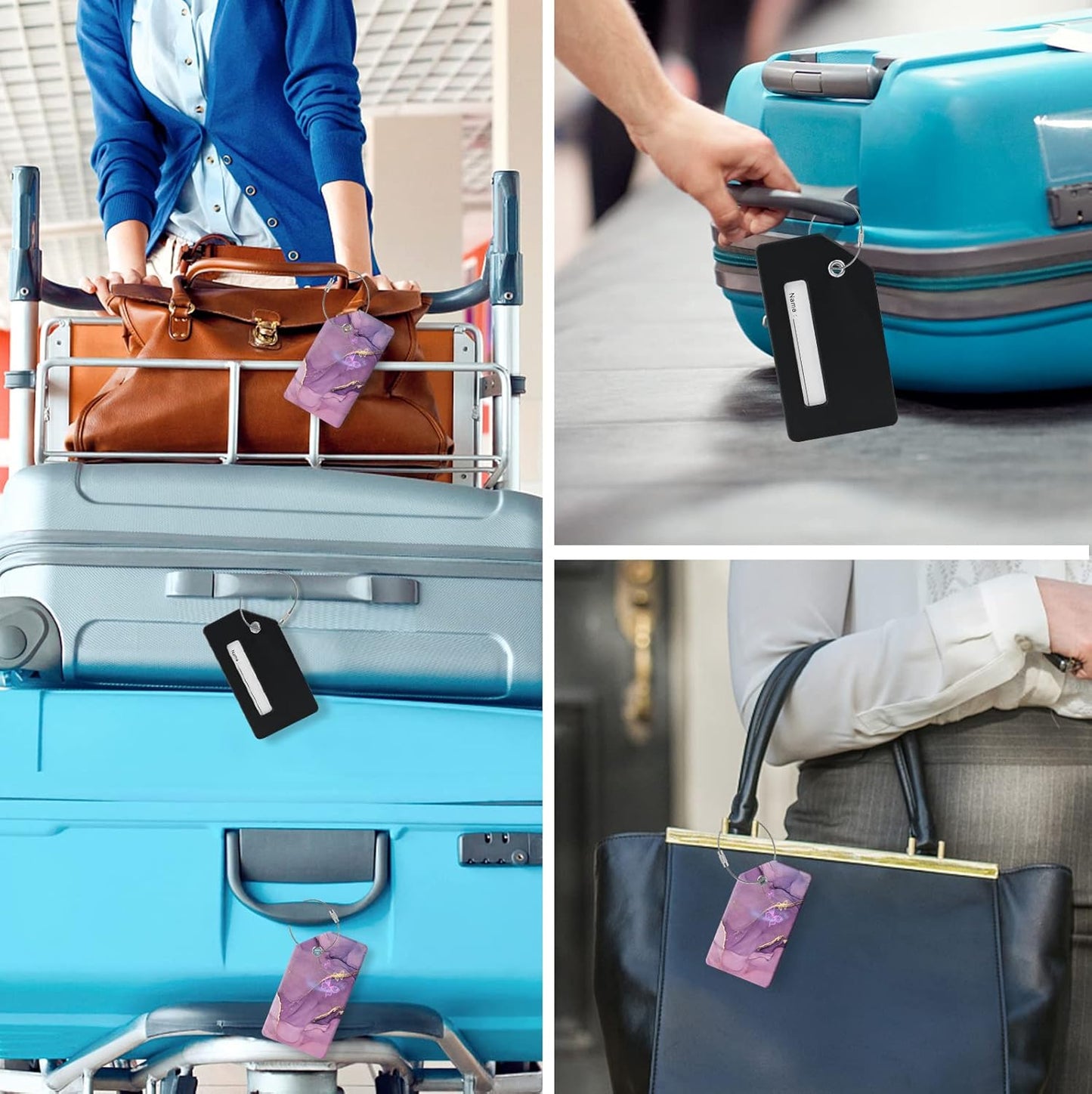 2 Luggage Tags, (1" Smaller Than Traditional) Perfect for Quick Luggage Identification with Stainless Steel Ring and Address Card for Travel and Luggage (Purple Butterfly)