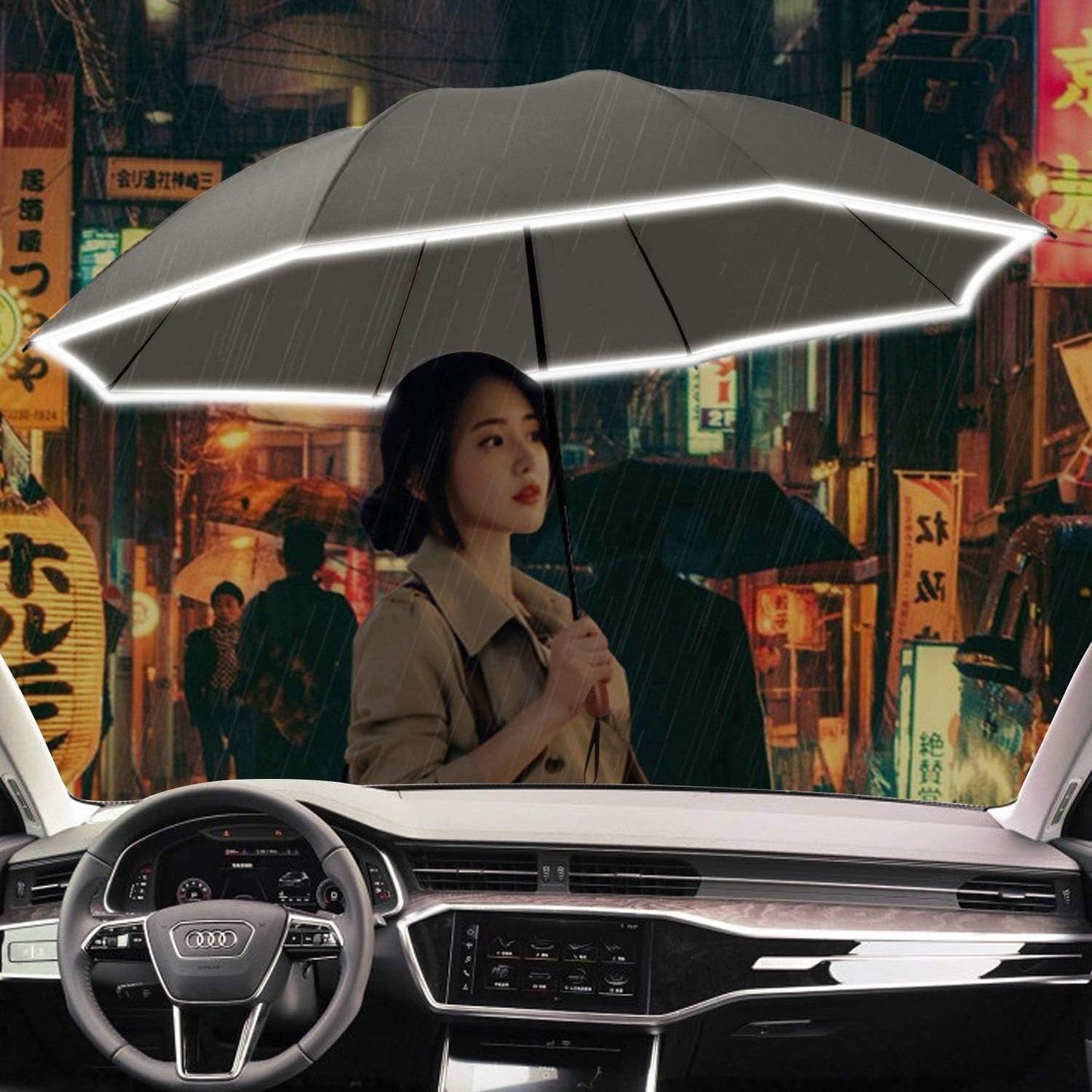 Lejorain Golf Large Inverted Umbrella - Black Big Windproof Heavy Duty Upside Down 46/50/54 Inch Compact Reverse Car Automatic Folding Reflective Umbrella