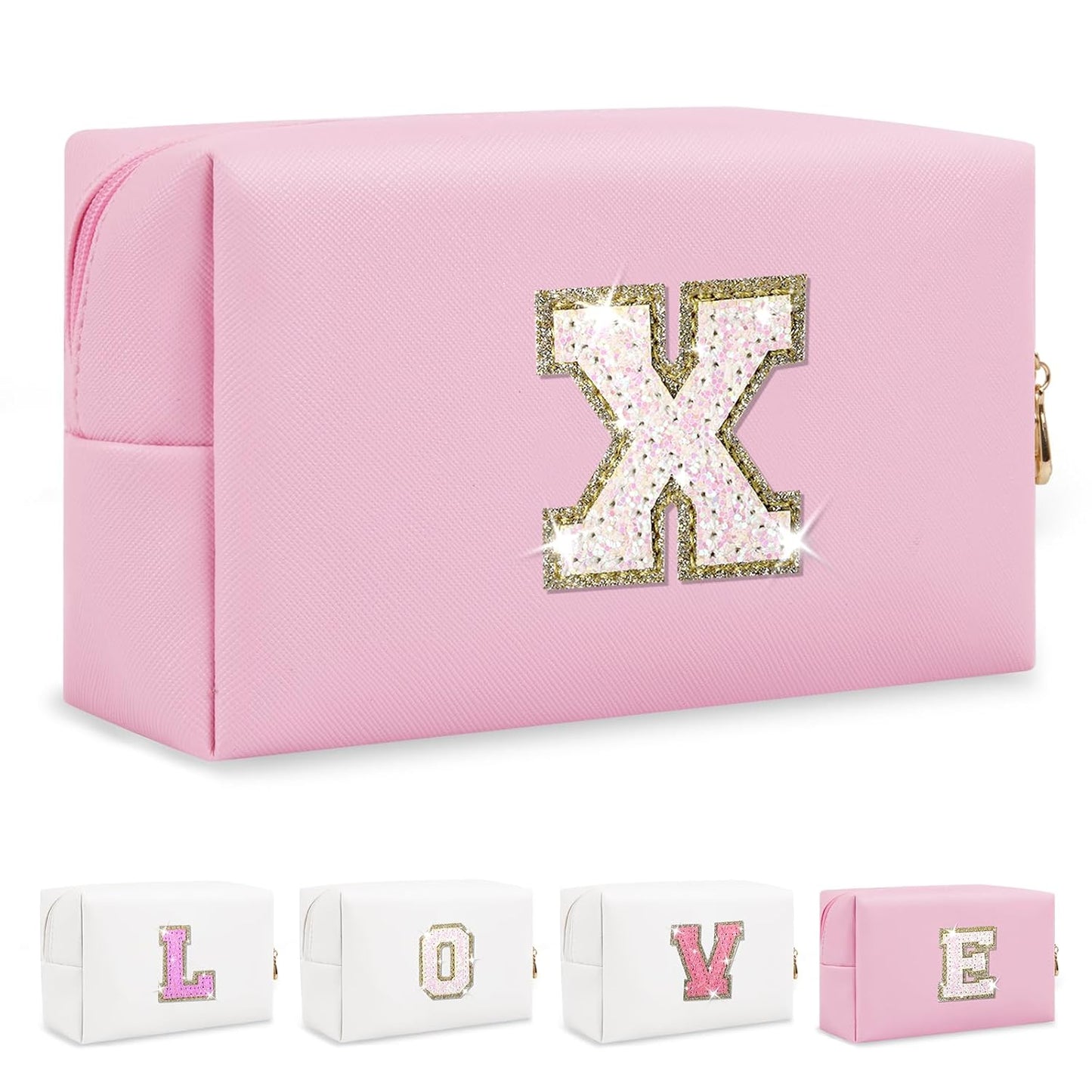 Small Personalized Initial A-Z Patch Makeup Bag,Pink Cute PU Leather Glitter Letter Cosmetic Bag for Teen Girls,Travel Toiletry Bag with Zipper,Preppy Monogrammed Birthday Gift for Daughter Niece X