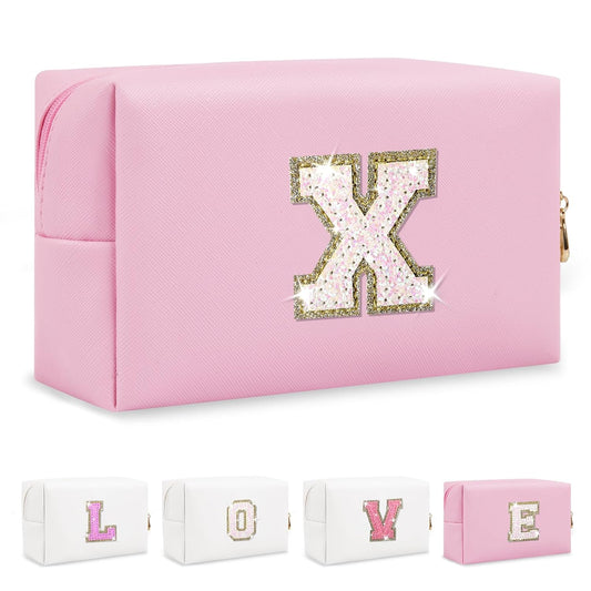Small Personalized Initial A-Z Patch Makeup Bag,Pink Cute PU Leather Glitter Letter Cosmetic Bag for Teen Girls,Travel Toiletry Bag with Zipper,Preppy Monogrammed Birthday Gift for Daughter Niece X