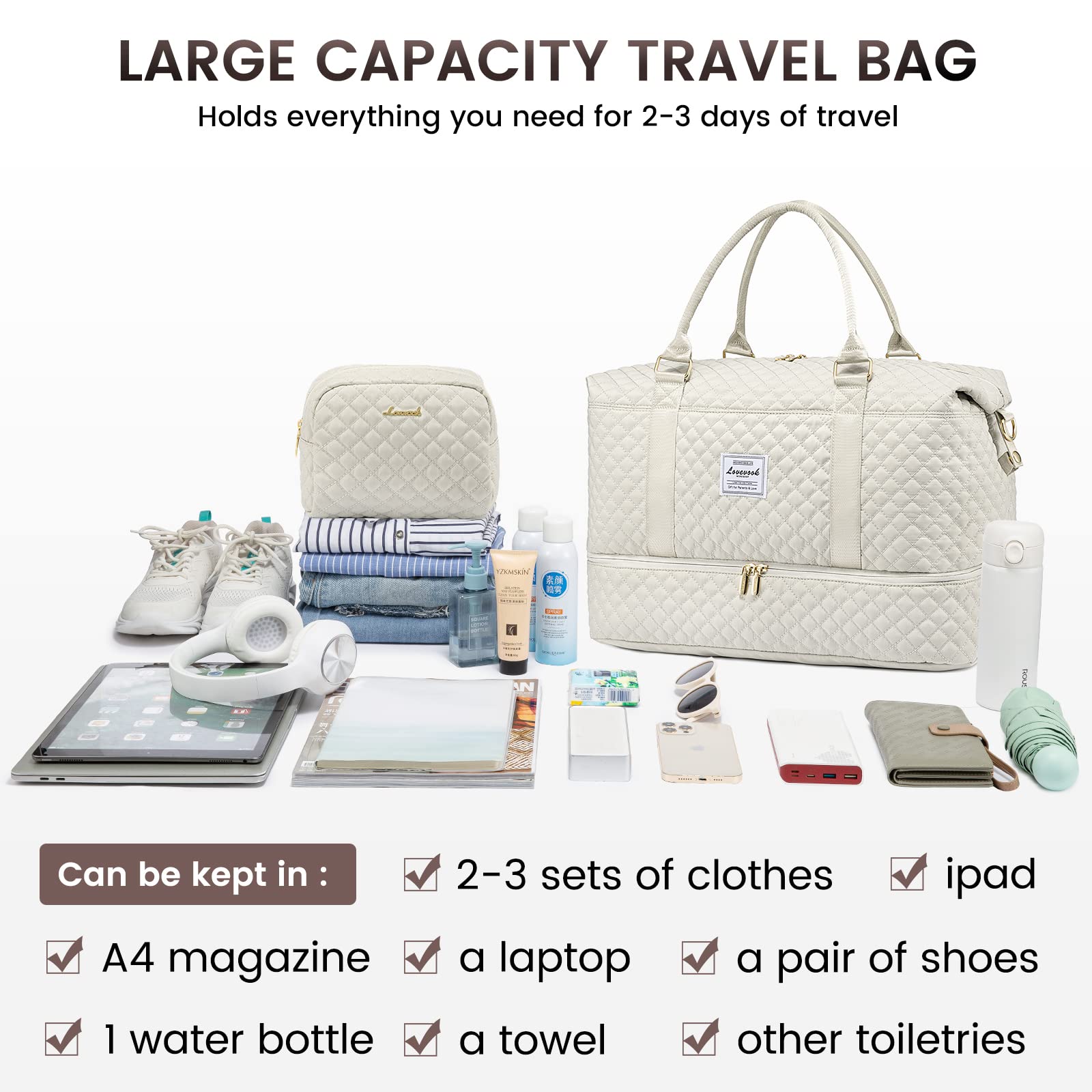 LOVEVOOK Travel Duffle Bag, Weekender Bags for Women with Shoe Compartment, Carry on Overnight Bag