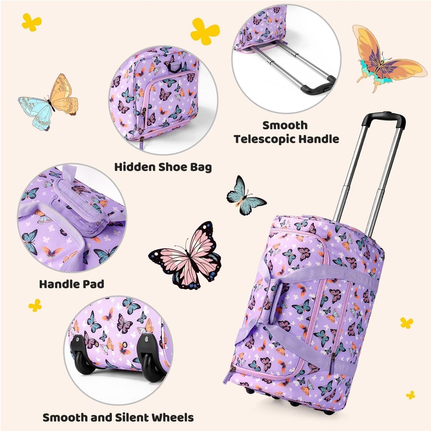 Choco Mocha Girls Teal Suitcase with Wheels Kids Rolling Duffle Bag for Camping Teen Girls Luggage Bag for Travel, 22inch