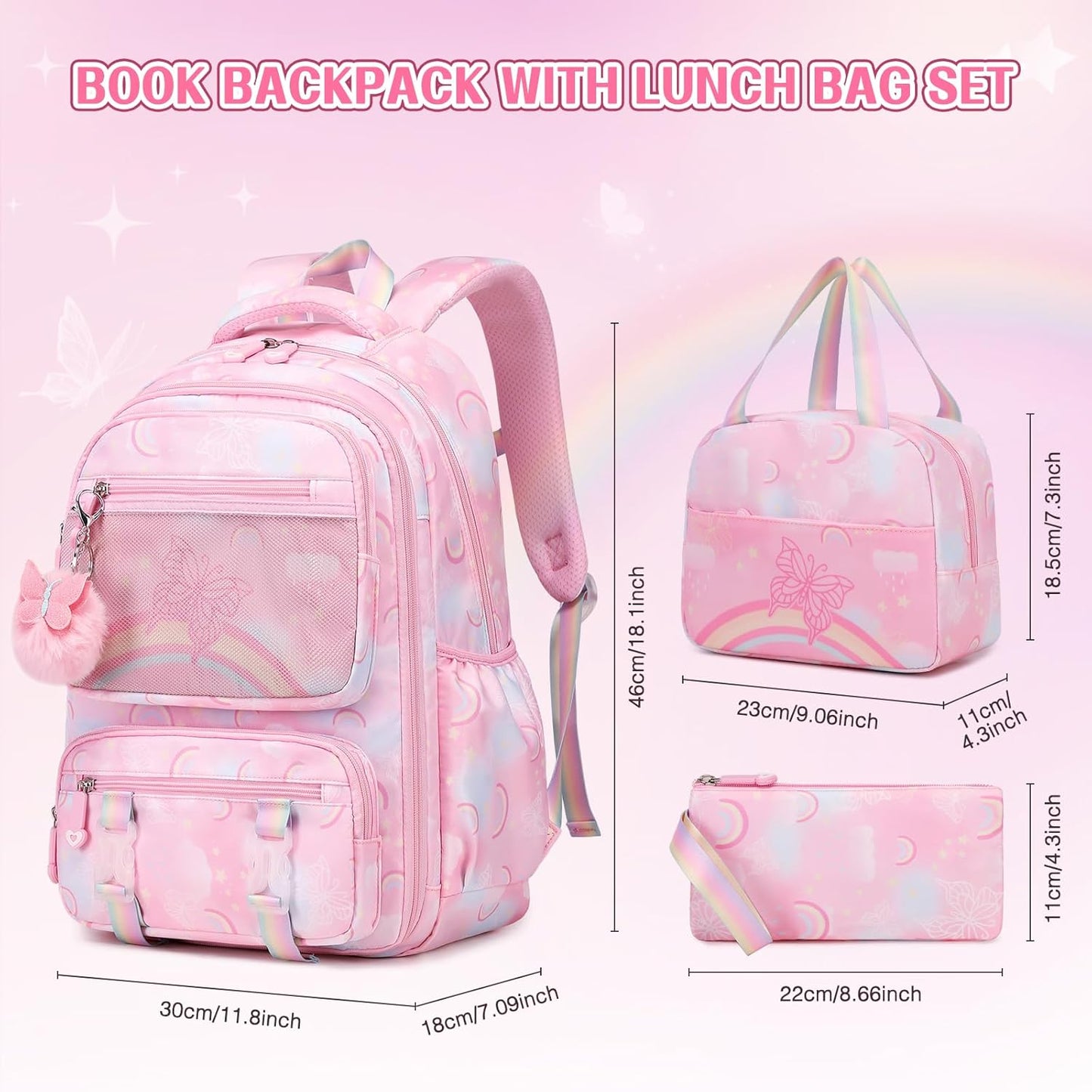 Backpack for Girls, Rainbow Butterfly Girls Backpacks with Lunch Bag Pencil Case Set, Kids Backpack