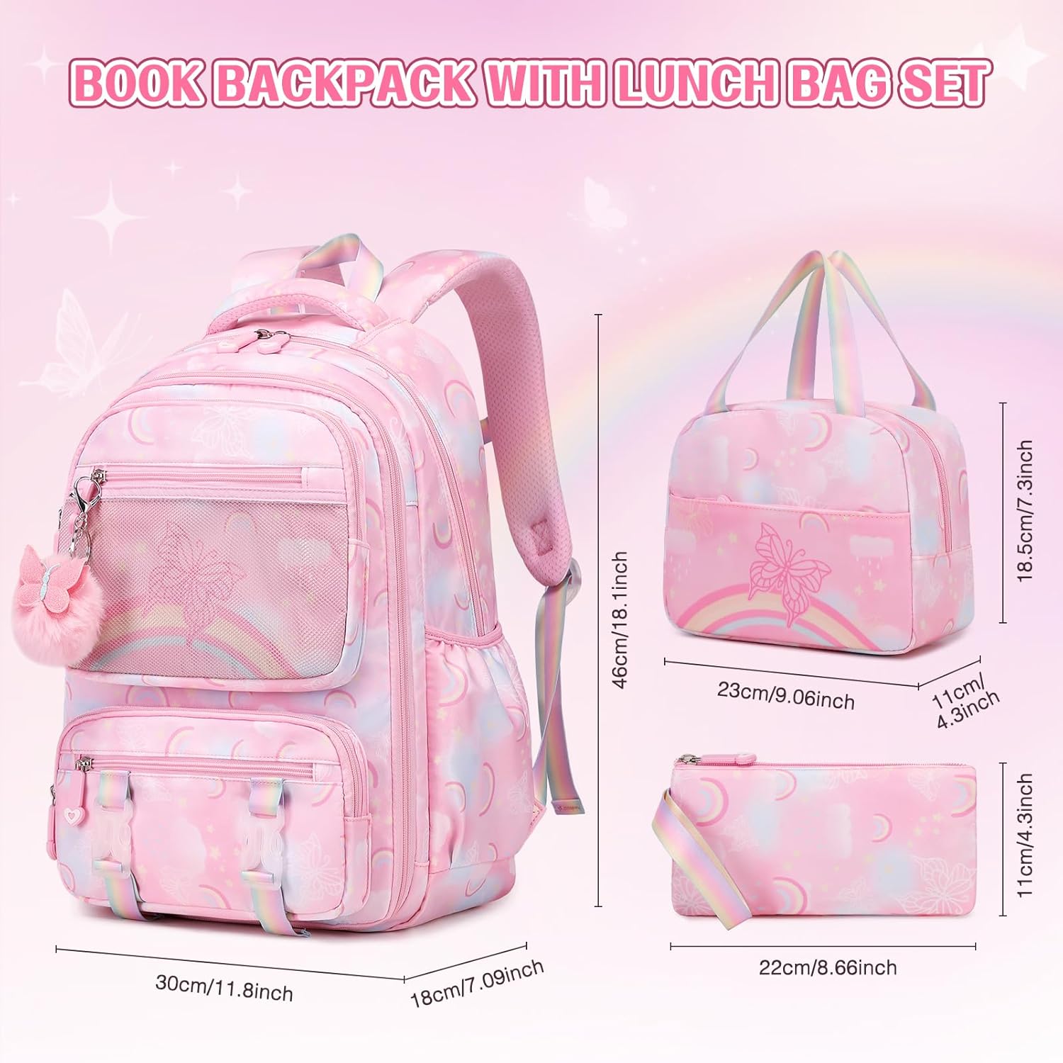 Backpack for Girls, Rainbow Butterfly Girls Backpacks with Lunch Bag Pencil Case Set, Kids Backpack