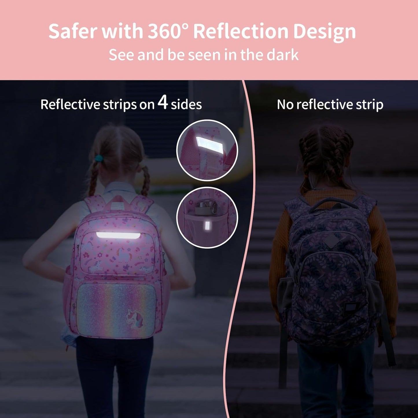 Kids Backpack with Insulated Snack Bag - 15 Inch Backpack for Girls 3 to 8, Lightweight Bookbag for Preschool Kindergarten Elementary School, Safe Reflective Stripe, Pink Unicorn