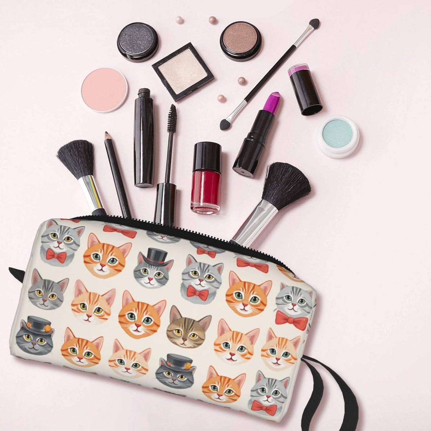 Charming Cat Collection Makeup Bag Small Compact & Durable Travel Cosmetic Bag Organizer Oxford Fabric Impact-Resistant Multi-Purpose Storage Perfect for Travel, Gym, Daily Use