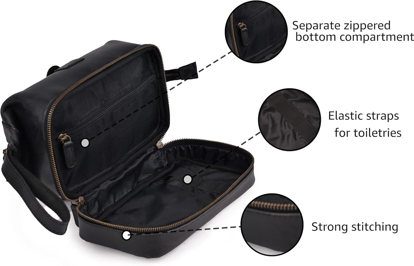 LEATHER VILLAGE Genuine Leather Dopp Kit – Large Travel Toiletry Bag with Waterproof Lining, Dual-Zip Design for Men & Women, Organizer for Shaving, Makeup & Essentials - Black