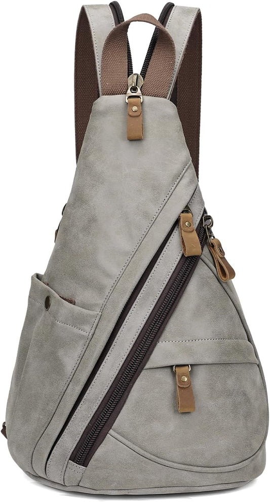 KL928 PU Leather Sling Bag - Small Crossbody Backpack Shoulder Casual Daypack Rucksack for Men Women Outdoor Cycling Hiking Travel (6881-PU-Leaden)