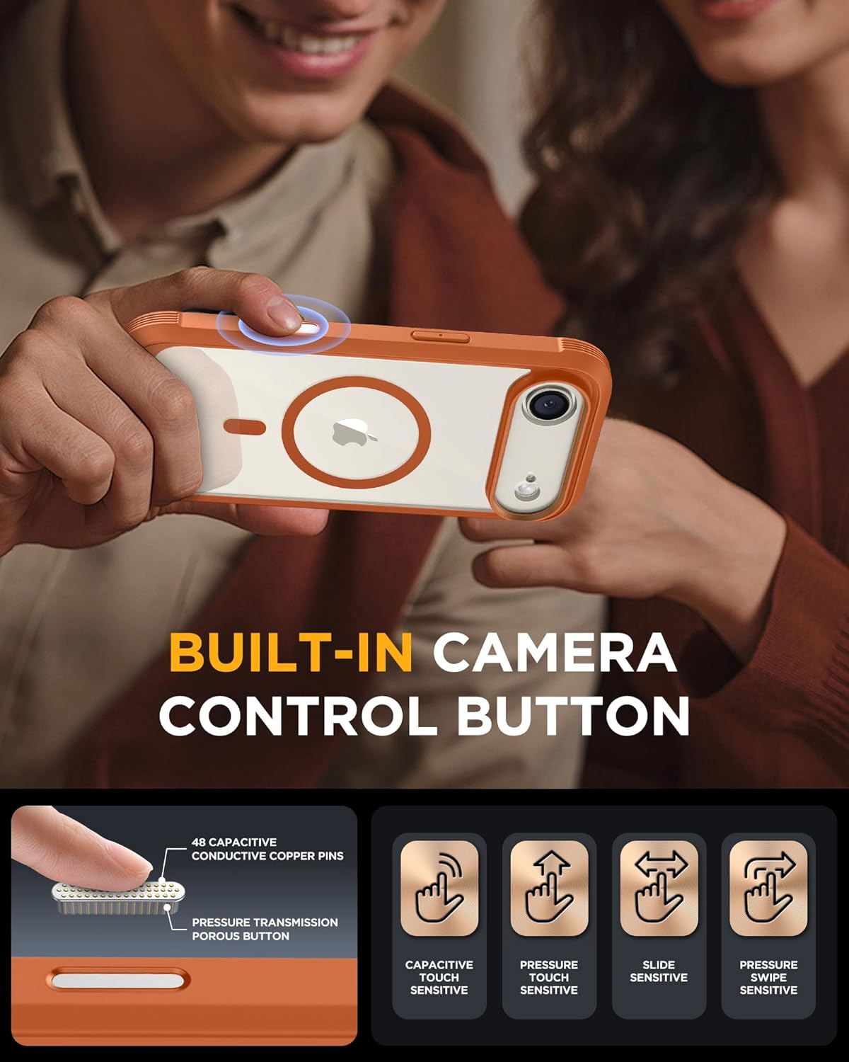 Miracase Magnetic for iPhone Air Case 6.5" [Compatible with MagSafe] Full-Body Phone Case with Built-in Glass Screen Protector & Camera Control,Drop Proof iPhone 17 Air Case Cover, Orange