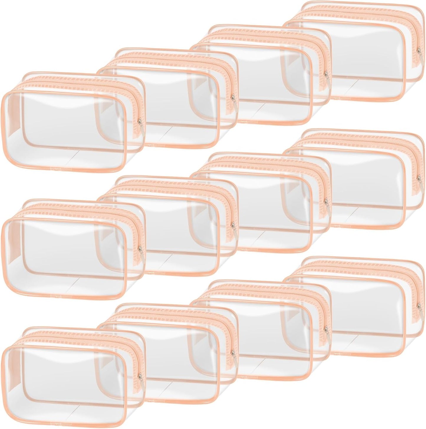 TISRATOK 12 PCS Clear Makeup Bag for Women with Zipper, TSA Approved Toiletry Pouch, Cosmetic Bag Bulk for Travel Organizer Essentials -Orange-pink, Small