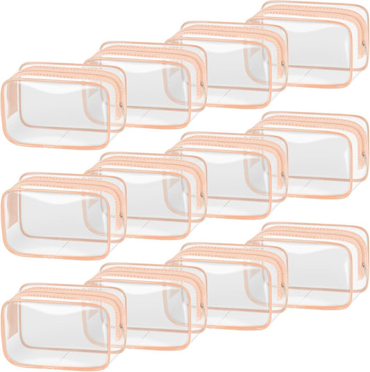 TISRATOK 12 PCS Clear Makeup Bag for Women with Zipper, TSA Approved Toiletry Pouch, Cosmetic Bag Bulk for Travel Organizer Essentials -Orange-pink, Small
